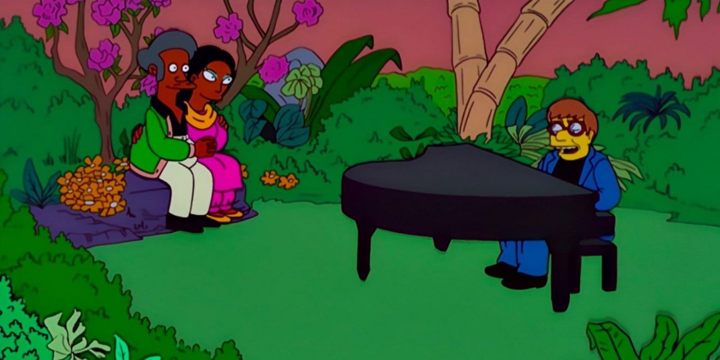 The Simpsons Elton John with Apu and Manjula
