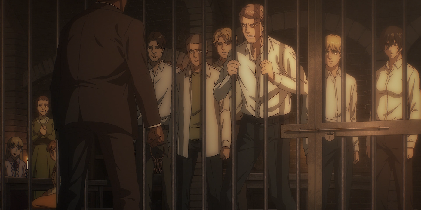 The Survey Corps inside their prison cell in Attack on Titan