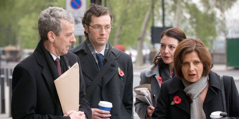 Nicola, Ollie, Helen, and Malcolm Tucker argue in The Thick Of It Season 4