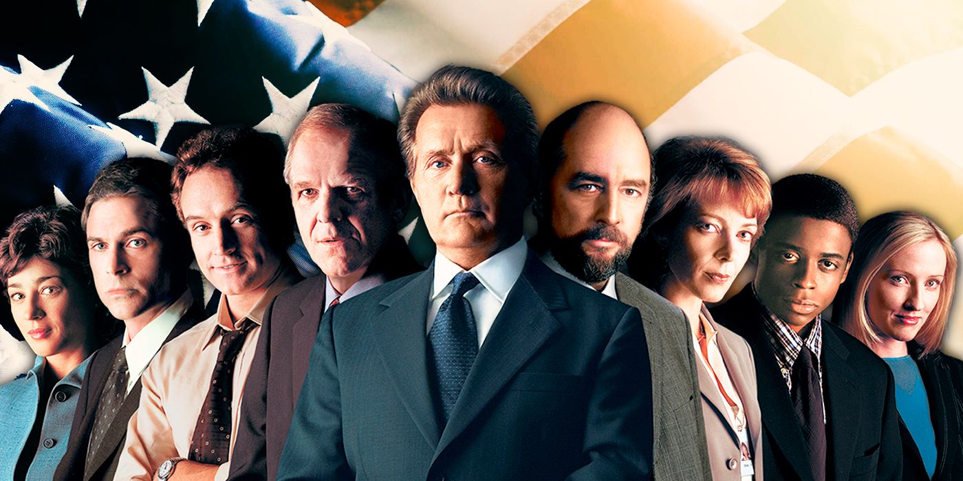 The main cast of The West Wing stand in front of a United States flag