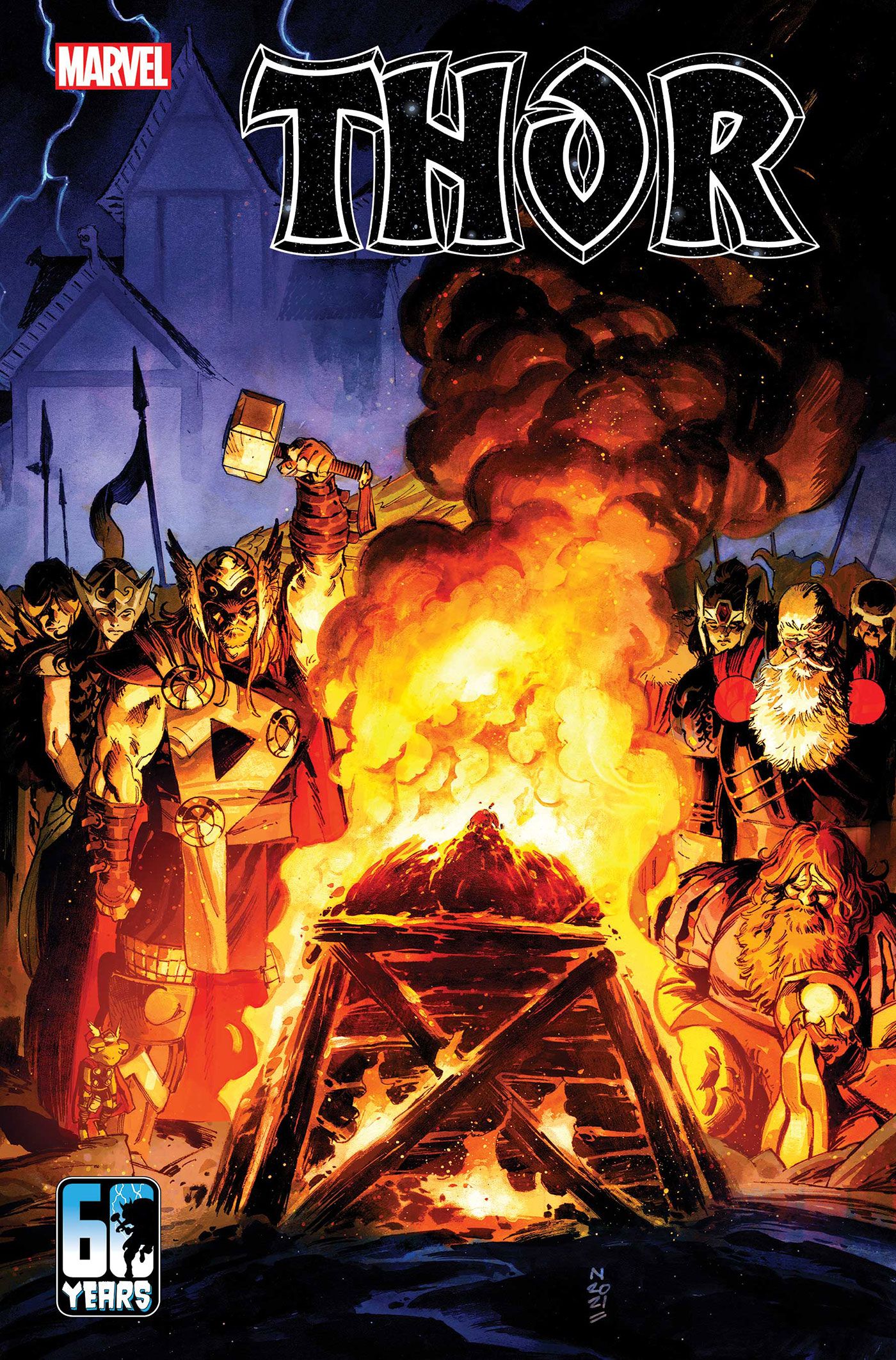 Odinson, Sif, Valkyrie and other heroes perform a Viking funeral on the cover to Thor 24 by Nic Klein