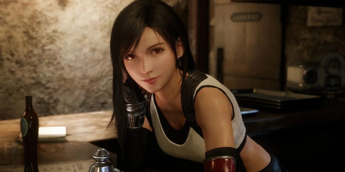 Tifa Lockhart leaning against a bar in Final Fantasy VII Remake.