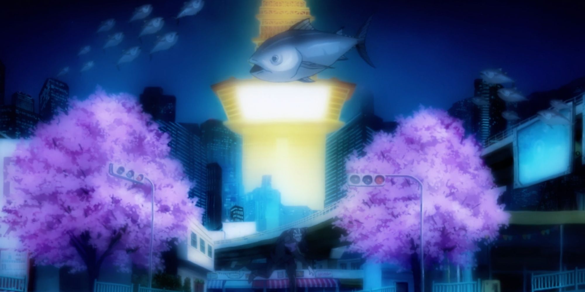 Neo Tokyo submerged in water with fish and the radio tower in the background.