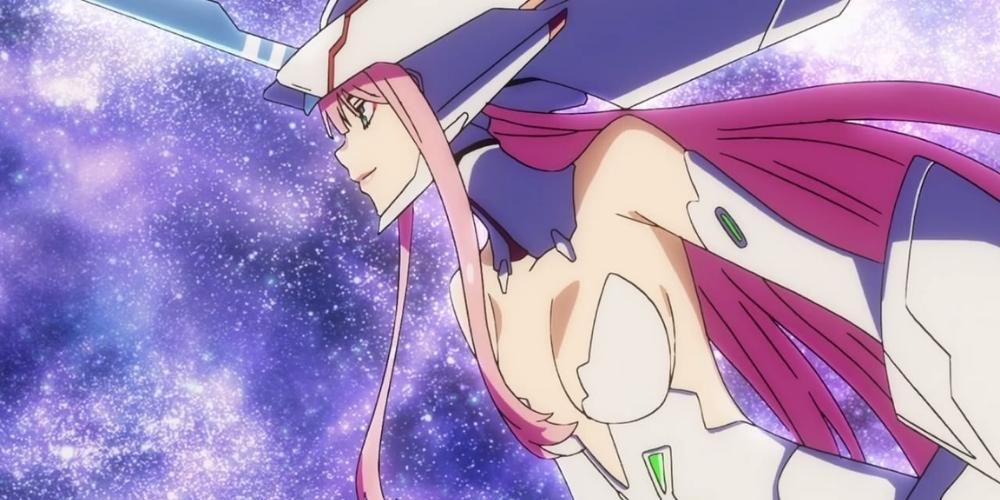 The giant Zero Two wedding dress mecha floating through space in Darling in The Franxx.