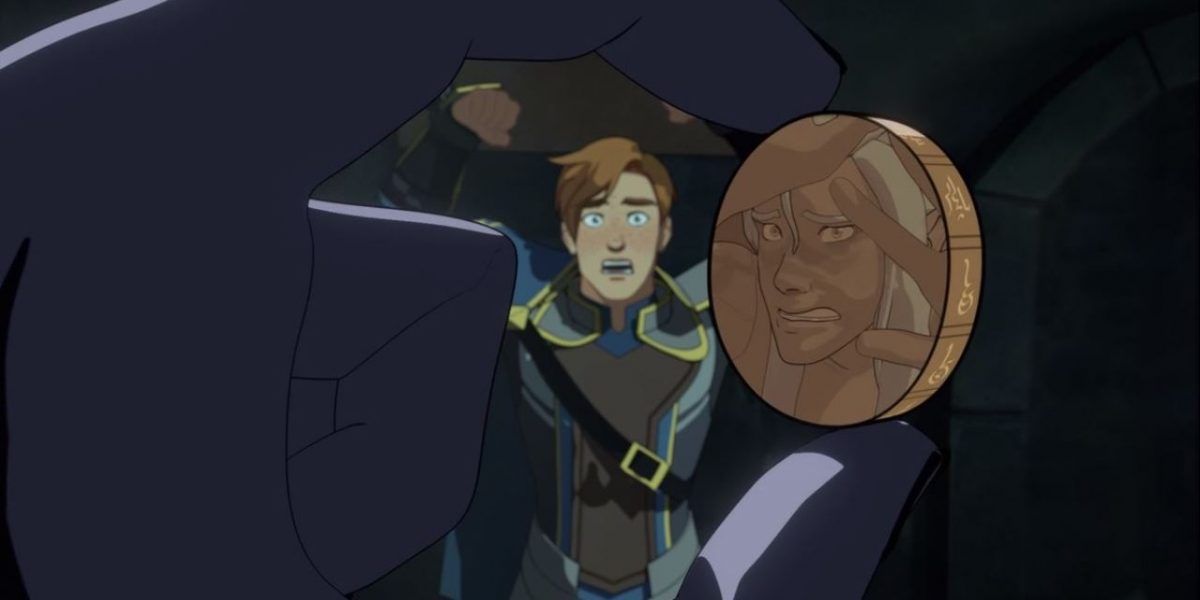 Viren trapping Runaan in a coin while Gren watches on Dragon Prince