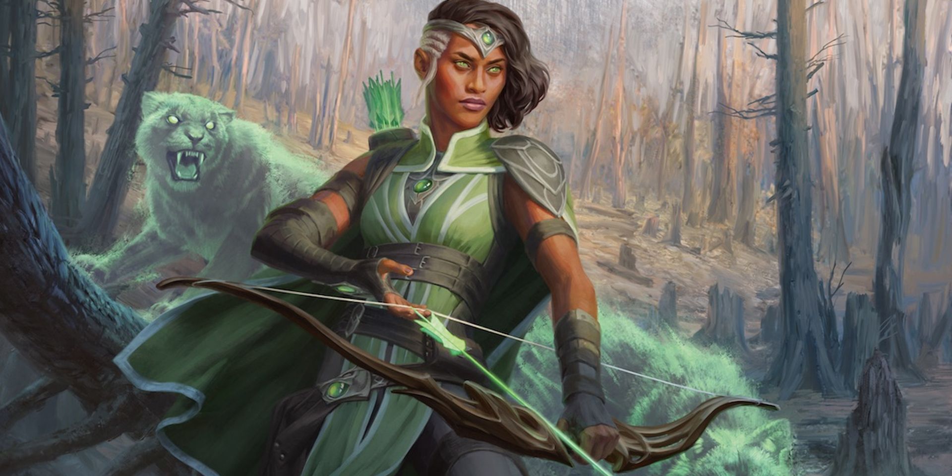 Vivien Reid, a dark-skinned woman with an undercut and a green, ethereal arrow nocked in her bow.