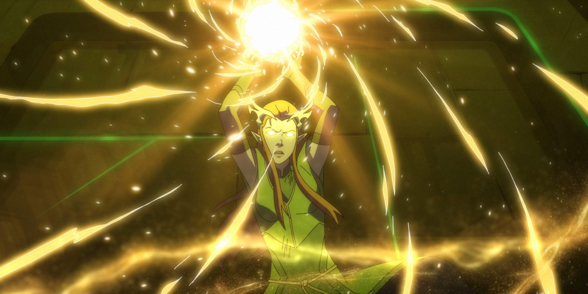 Vox Machina's Keyleth holds a glowing spell above her head