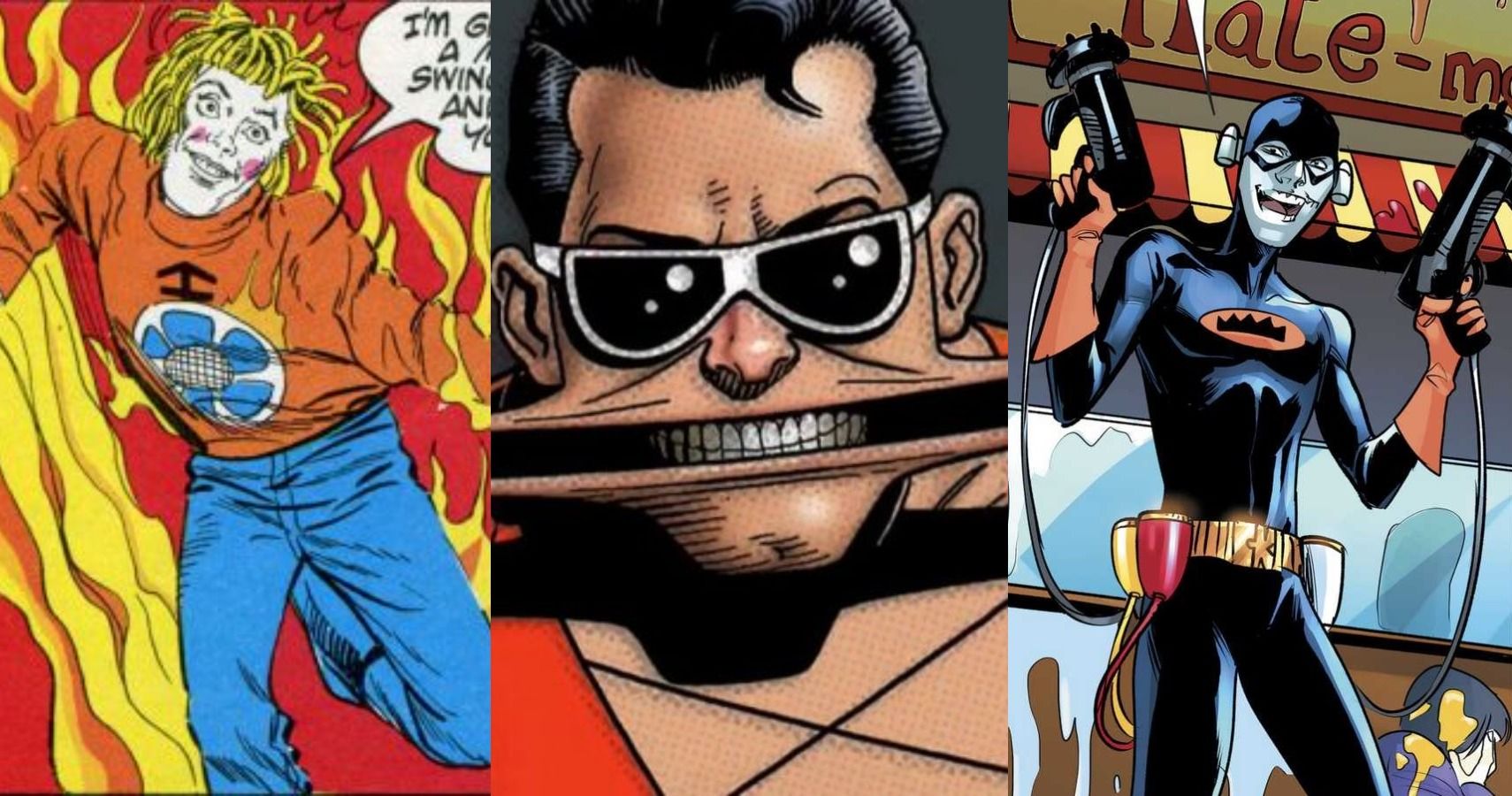 A combined header image that features three of DC's strangest characters: Brother Power The Geek on the left, Plastic Man in the middle, and Condiment King on the right.