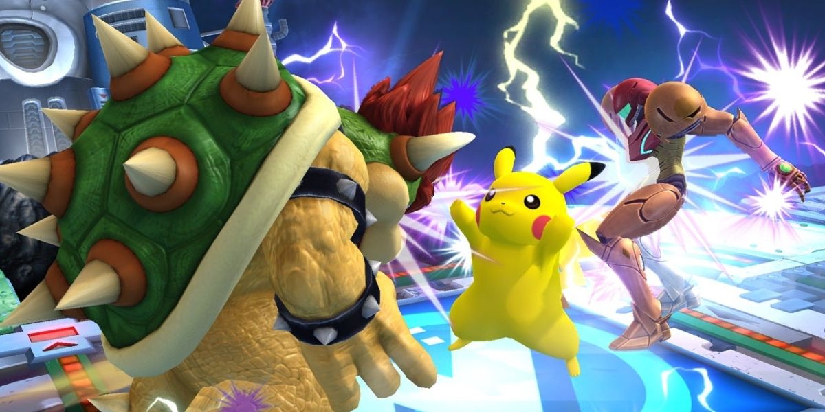 pikachu striking samus and bowser with a powerful thunderbolt