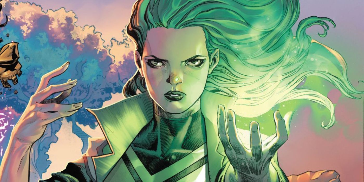 The X-Men's Polaris harnessing green energy in her left hand in Marvel Comics