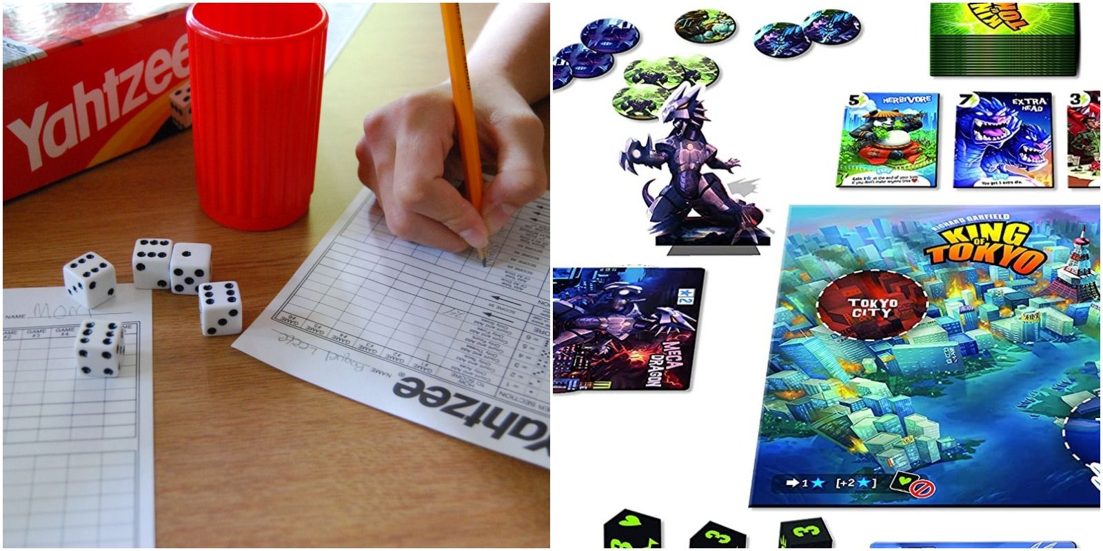 Yahtzee And King Of Tokyo Board Game Being Played