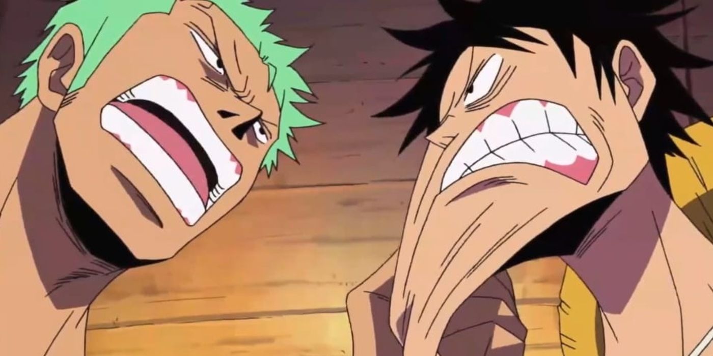 Zoro pulling Luffy's cheek to stop his fight with Usopp.