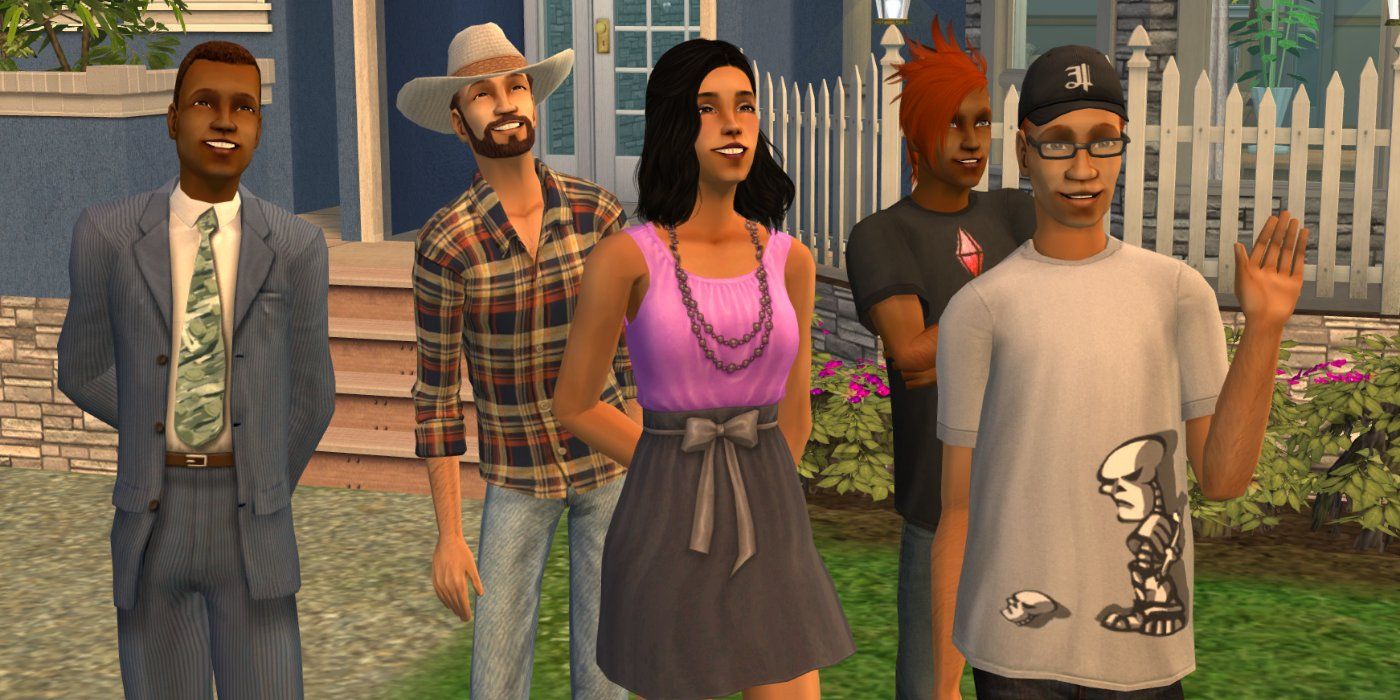 A group of Sims outside a lot in The Sims 2 