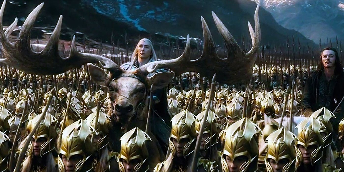 Lee Pace riding aback a giant moose as Thranduil in The Hobbit: The Battle of the Five Armies