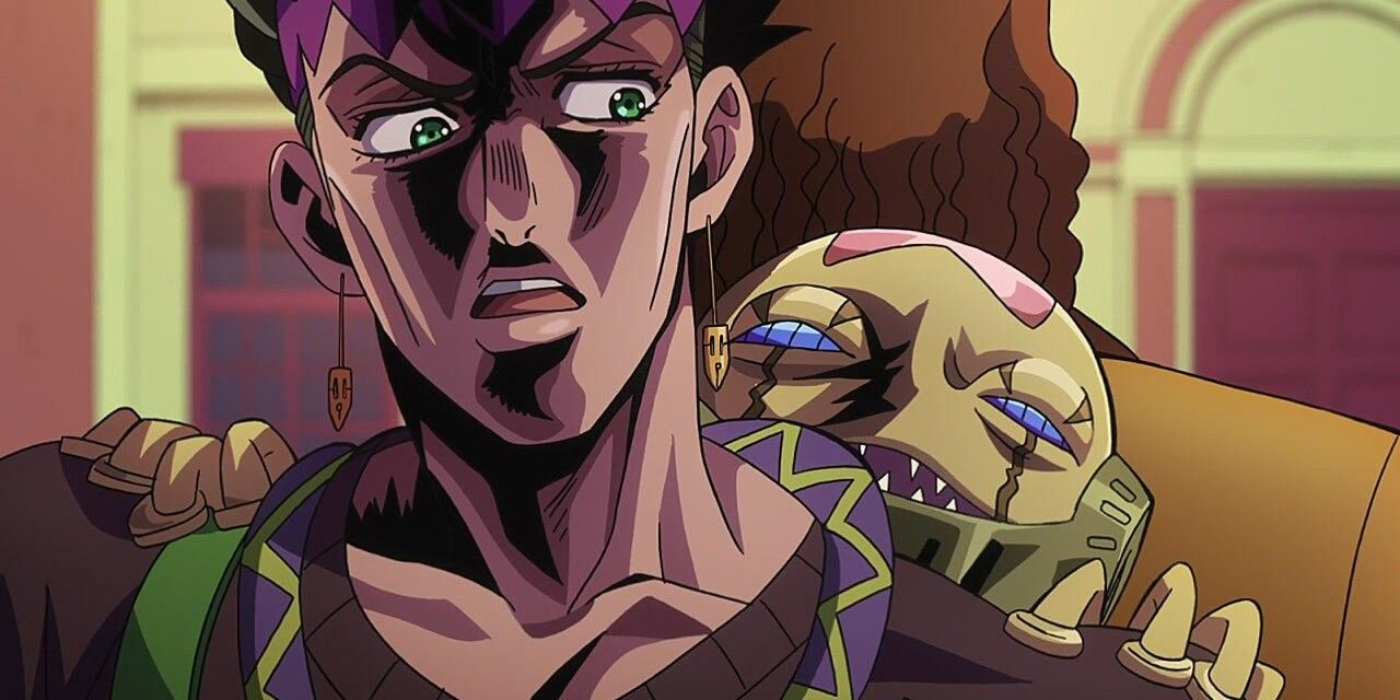 Rohan Kishibe looks back in horror as the tripod Cheap Trick clings to his back and taunts him in JoJo's Bizarre Adventure.