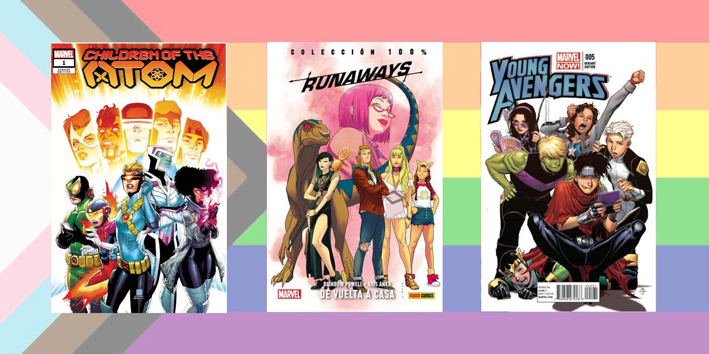 children of the atom, runaways and young avengers covers over an lgbtq flag background