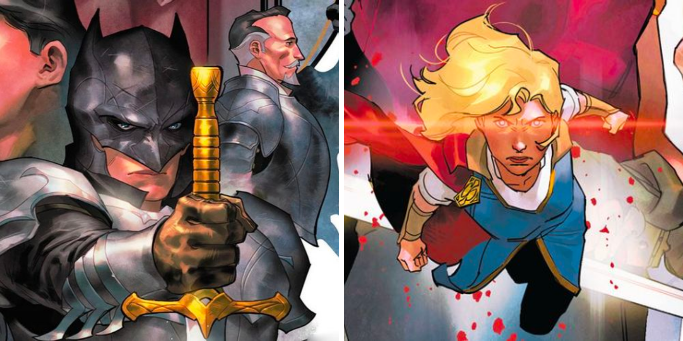 Batman and Alfred, & Supergirl flies on the cover for Dark Knights of Steel
