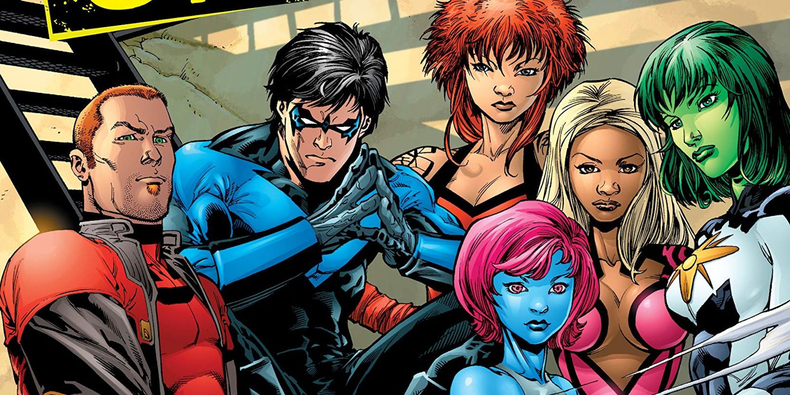 Nightwing's roster of the Outsiders posing on a fire escape