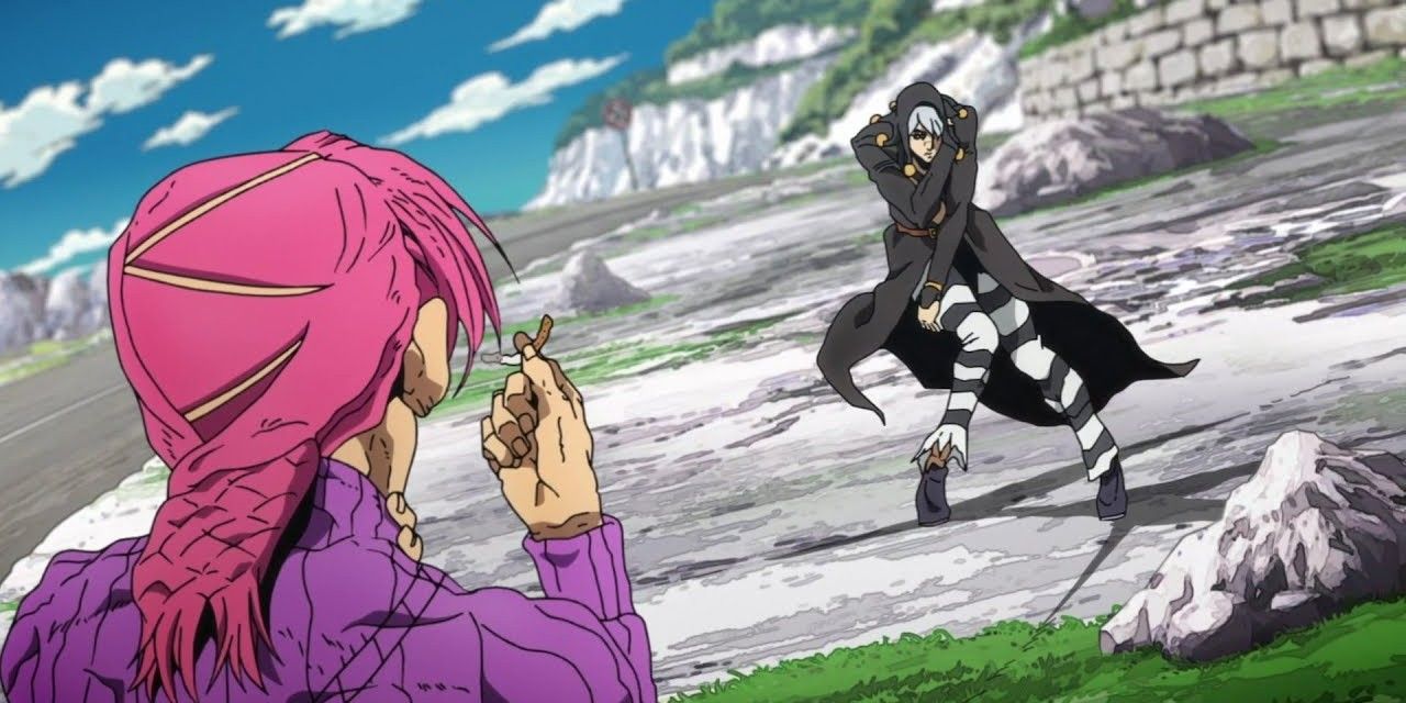 Doppio faces Risotto, who is taunting him before their battle.