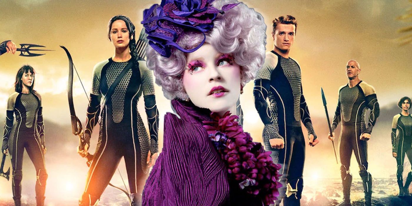 Effie Trinket in front of the tributes from The Hunger Games: Catching Fire