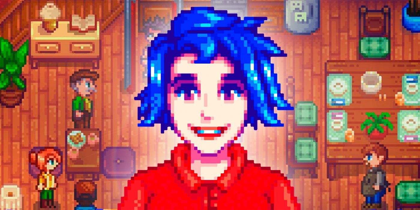 emily from stardew valley with the backdrop of the stardrop saloon