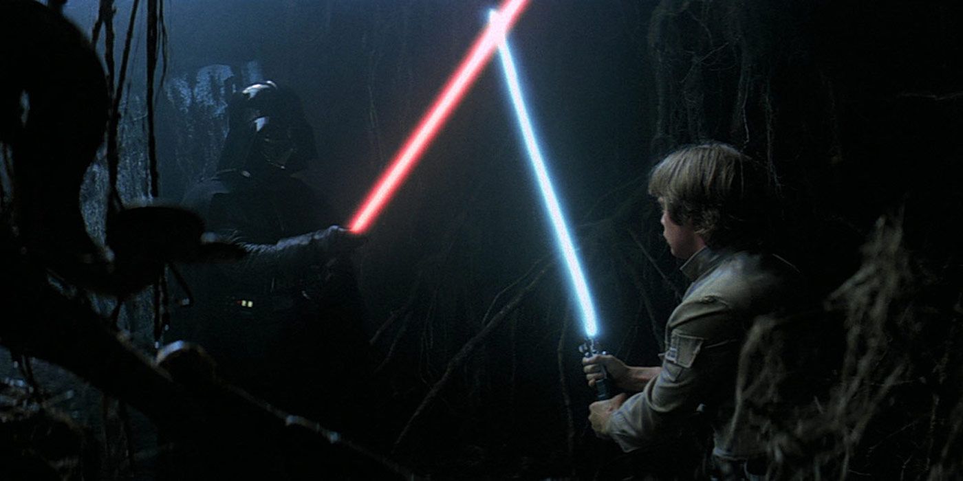 Luke Skywalker fights Darth Vader's ghost on Dagobah