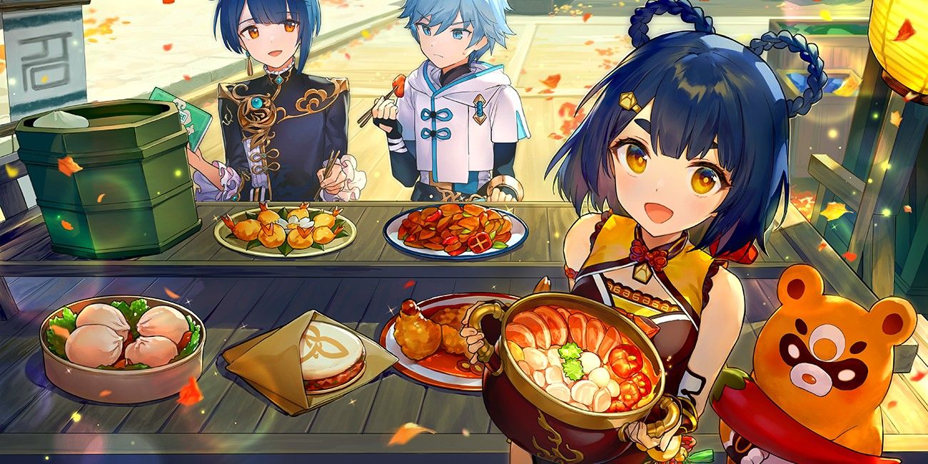 Official Art of Xiangling holding a bowl of food next to Guoba as Xingqiu and Chongyun enjoy their meals in the background.