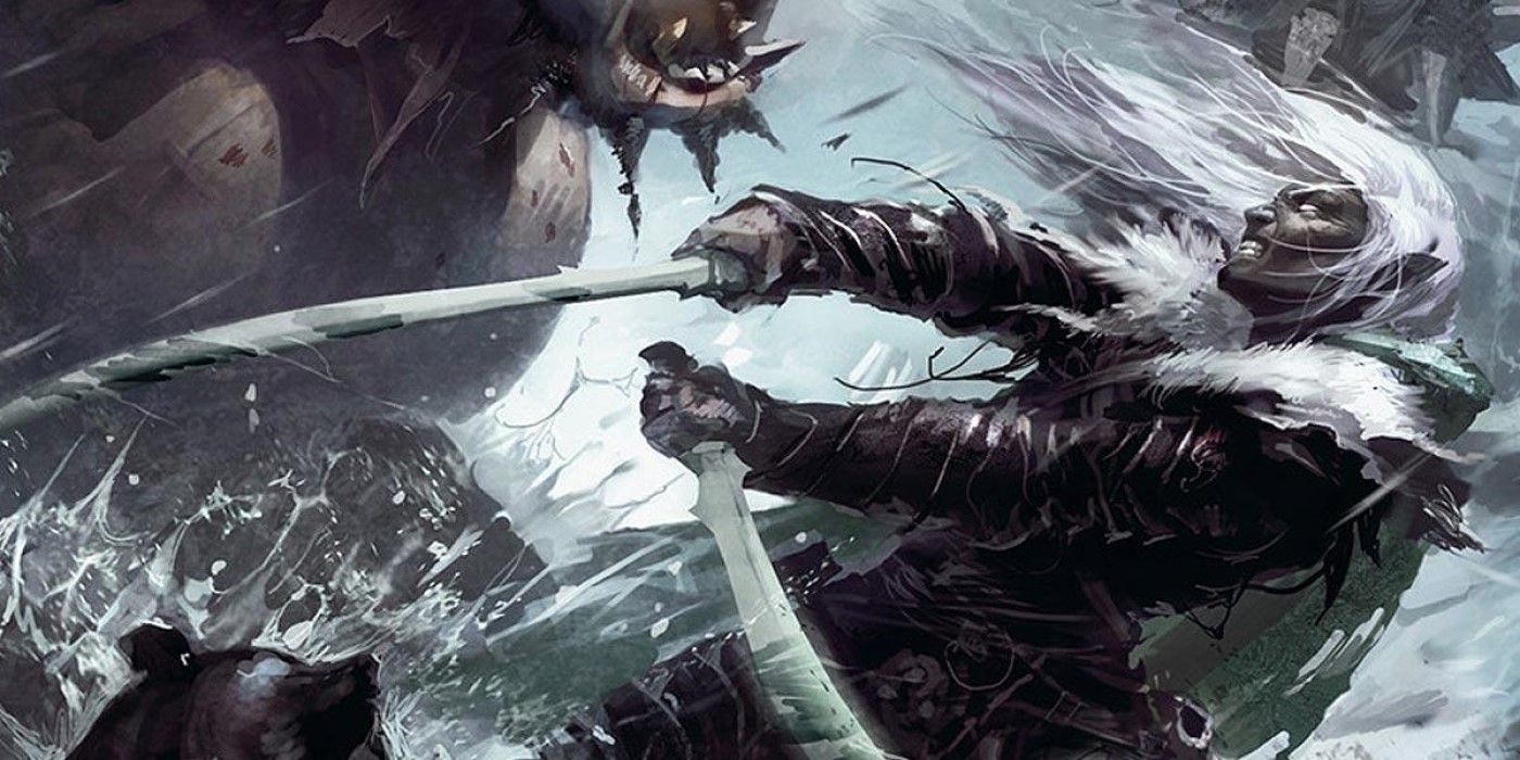 Drizzt Fighting an Orc with two scimitars