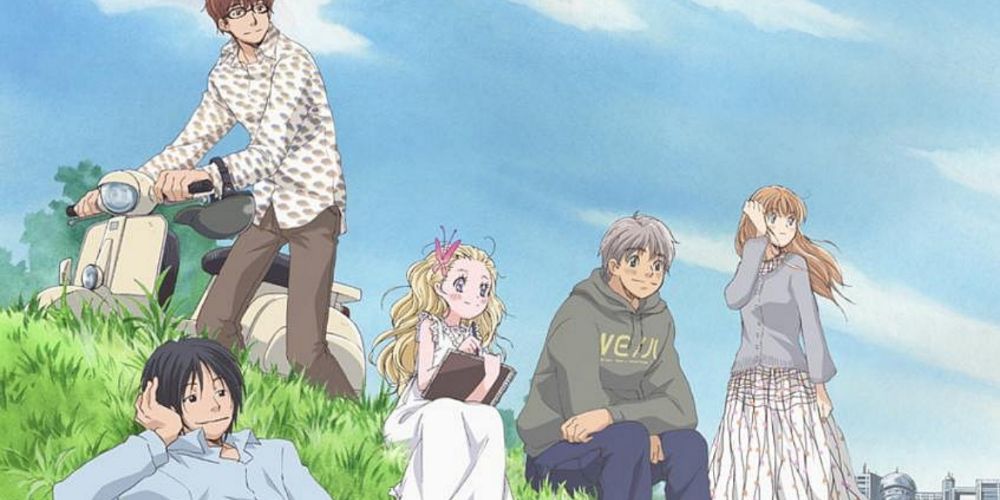 Yuta, Hagumi, Shinobu, Takumi, and Ayumi are sitting on a hillside in Honey and Clover.