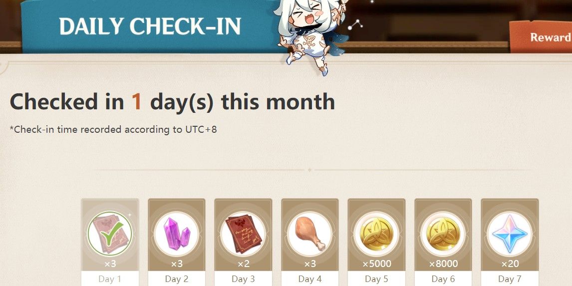 HoYoLABS' Daily Genshin Impact Check-In. Day one has been completed.