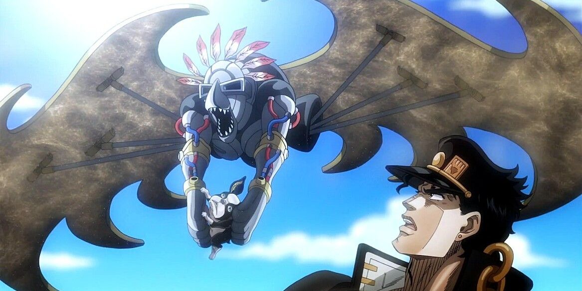 Iggy being carried through the air by his stand, The Fool, as Jotaro Kujo watches from the ground.