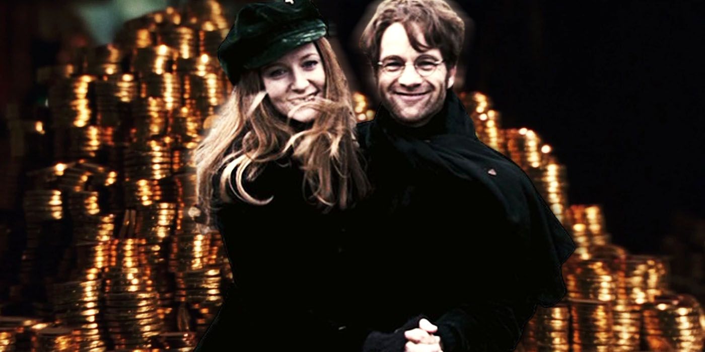 James and Lily Potter in front of stacked gold coins.