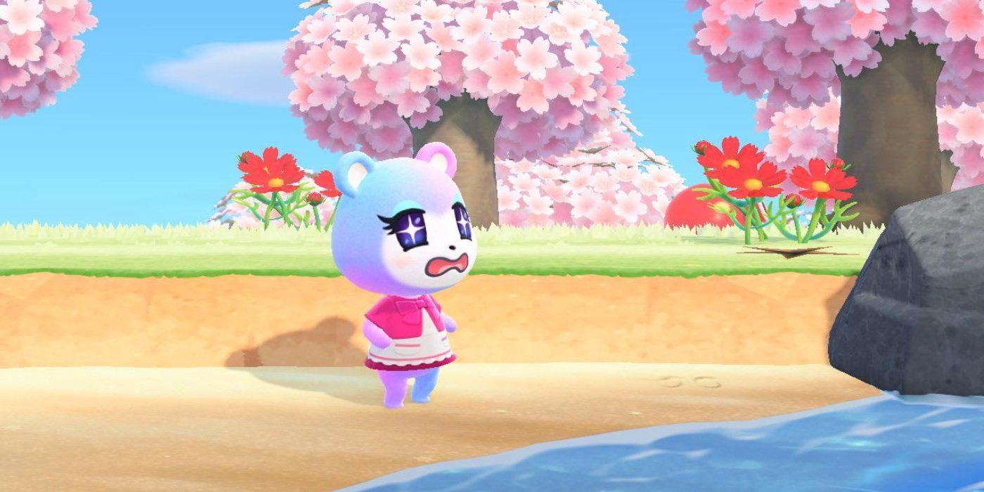 An image of Judy from Animal Crossing looking scared on the beach with cherry blossoms in the background