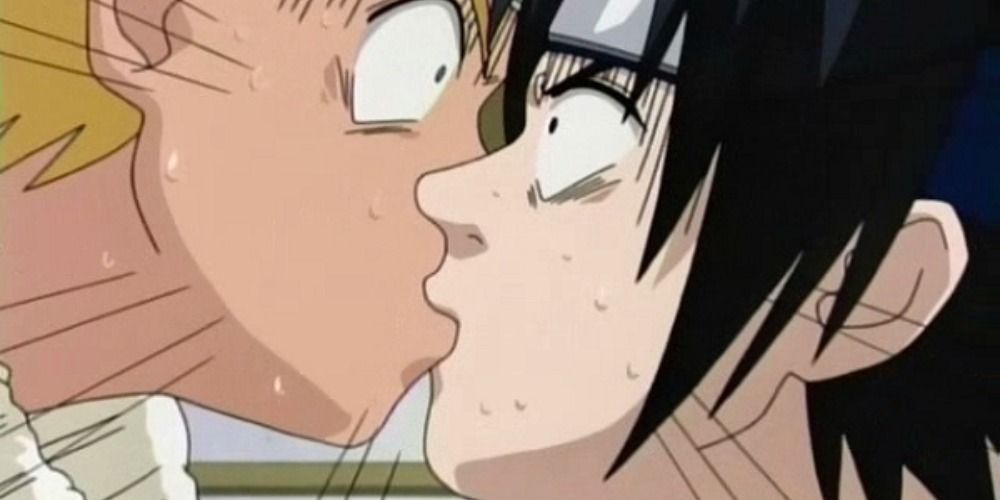 Naruto and Sasuke looking shocked while kissing