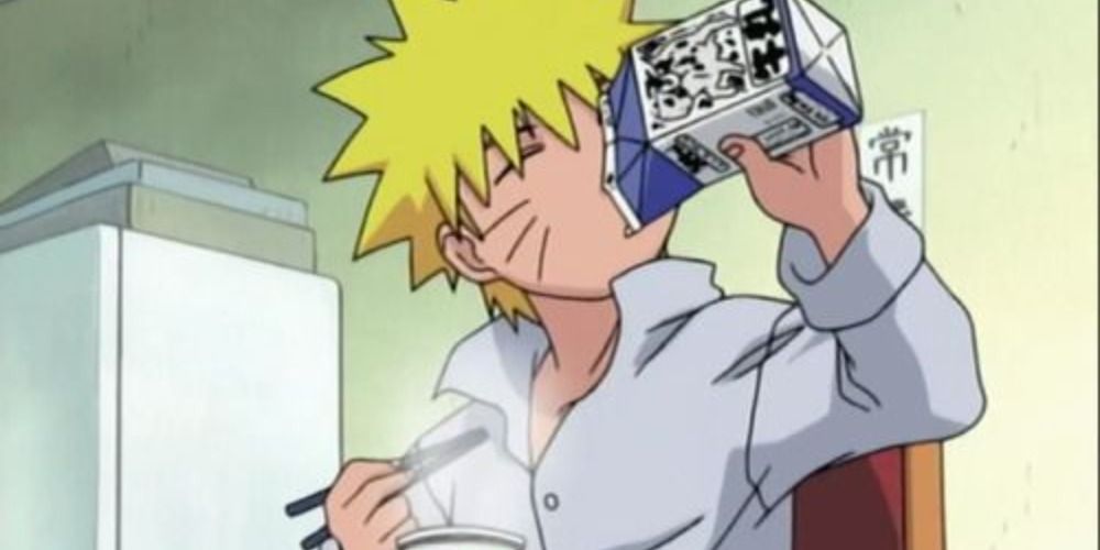 Naruto drinking from a milk carton with chopsticks in his hand