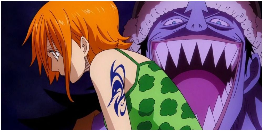 Young Nami facing away with memory of guy laughing behind her