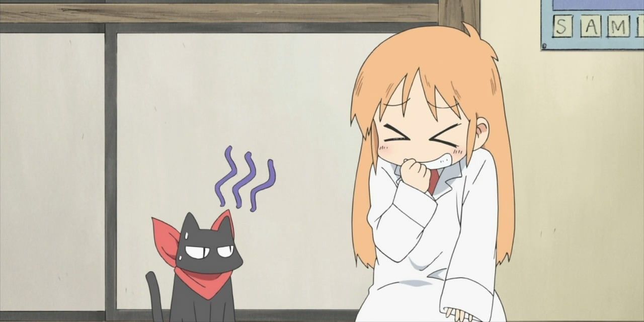 Nichijou's Hakase laughs at her talking cat Sakamoto