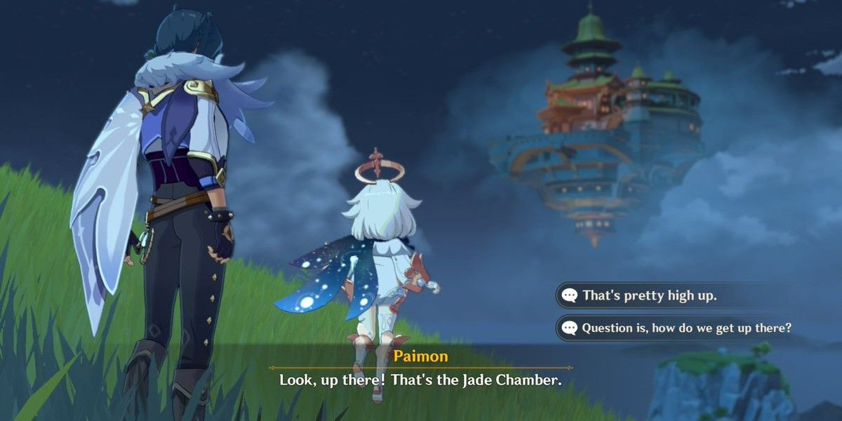 Paimon and Kaeya look at the Jade Chamber, noting how high up it is and wondering how to even enter the building.