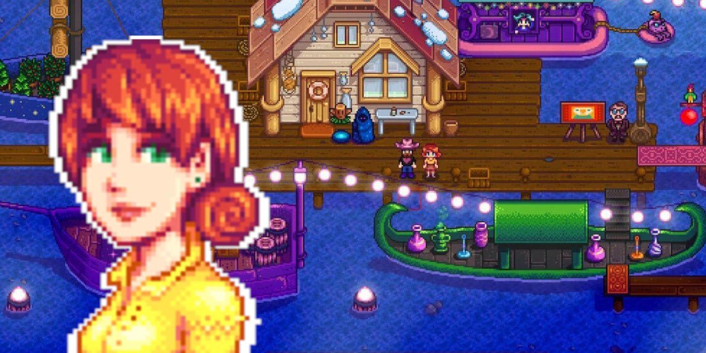 penny from stardew valley with the night market as a backdrop