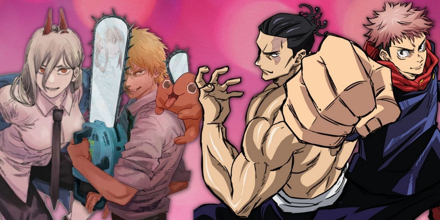 Power and Denji from Chainsaw Man on the left with Itadori and Todo from Jujutsu Kaisen on the right.