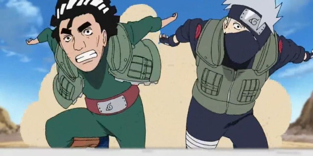 Guy racing Kakashi in Naruto and they are neck and neck.