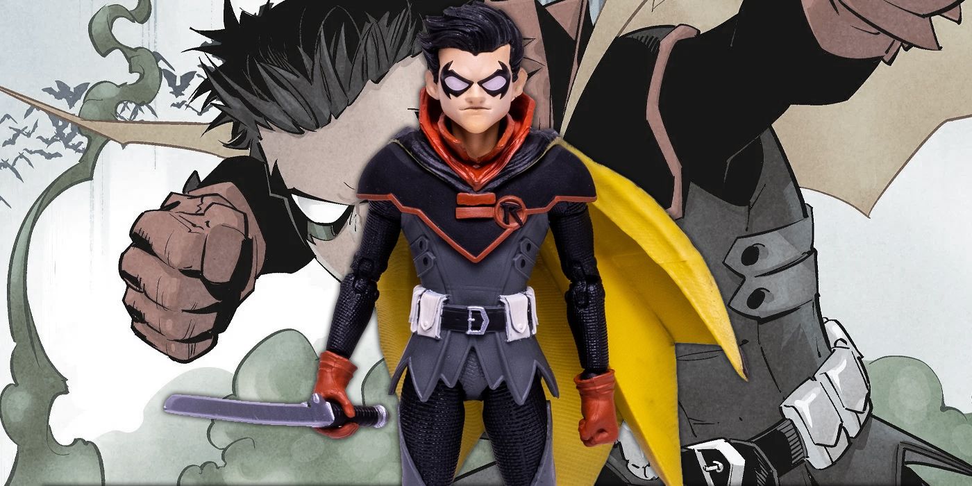 An action figure of Damian Wayne stands in front of artwork for Infinite Frontier's Robin series.