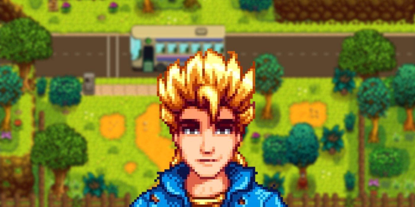 sam from stardew valley with the bus stop as a backdrop