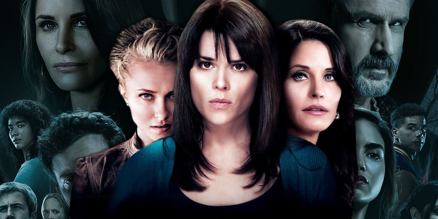 A collage of characters from Scream 4 and Scream 2022 with Neve Campbell as Sidney Prescott in front
