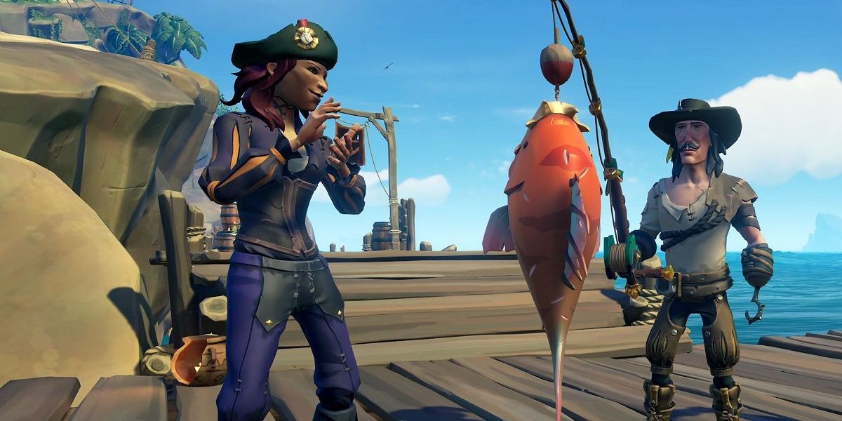 sea of thieves players with a fish