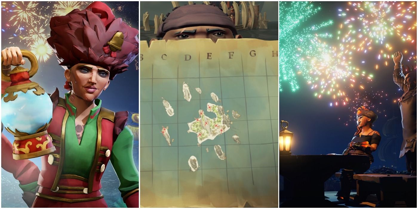 sea of thieves season five promo images with fireworks and a treasure map