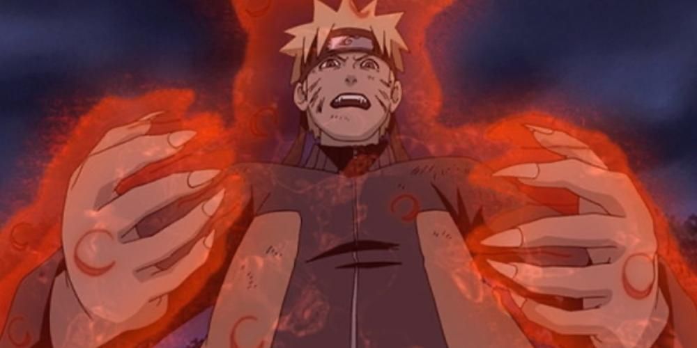 Naruto transformng into the nine tailed fox after resonanting with the six tails