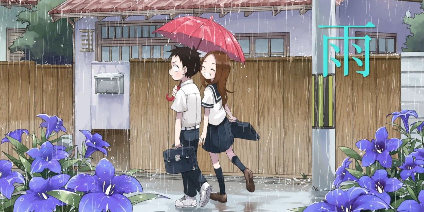 Nishikata walks with Teasing Master Takagi-san in the rain