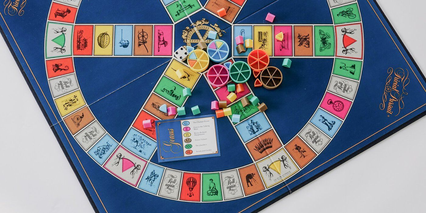 classic trivial pursuit board, pieces and cards