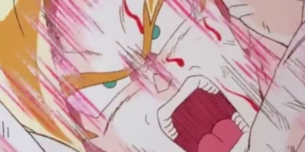 Bloody Goku in Super Siyan screaming 